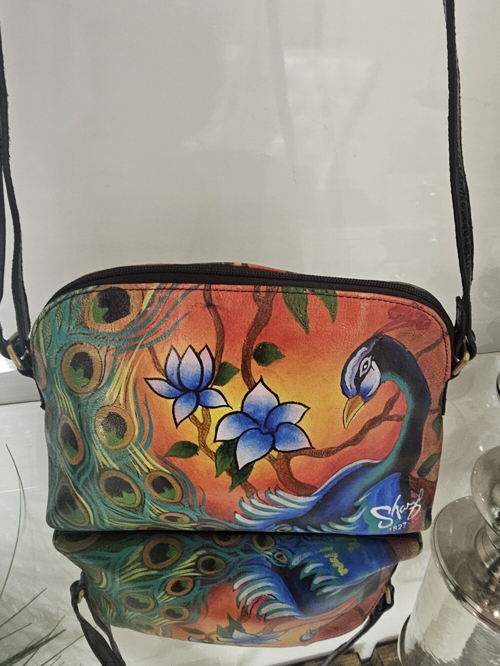 Sharif Painted Peacock Crossbody Bag - Blue, Green, Orange